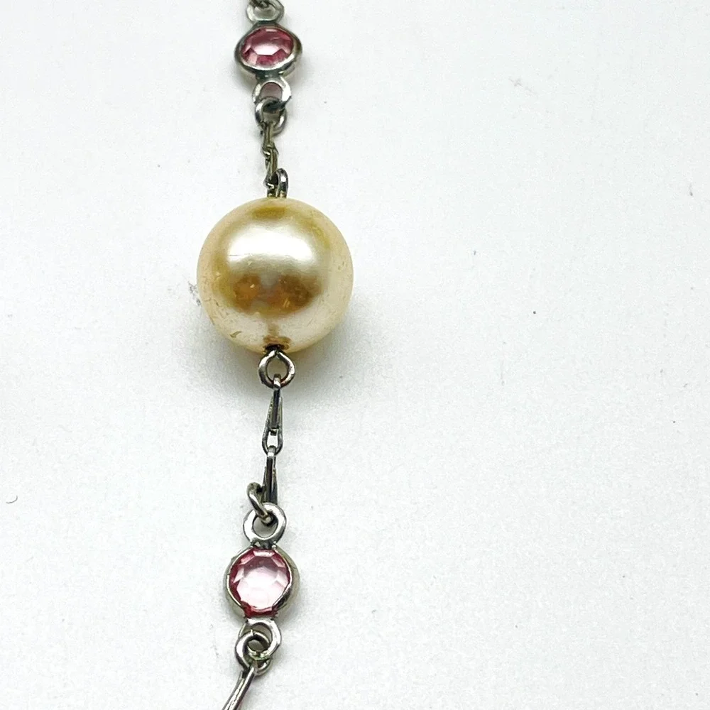 Signed Monet Necklace Silver Tone Pink Rhinestone Faux Pearl Station Vintage